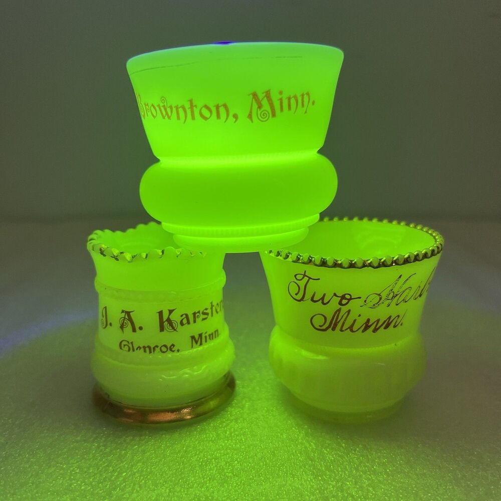 3 Antique Uranium Custard Glass Toothpick Holders Minnesota Souvenir UV Glow